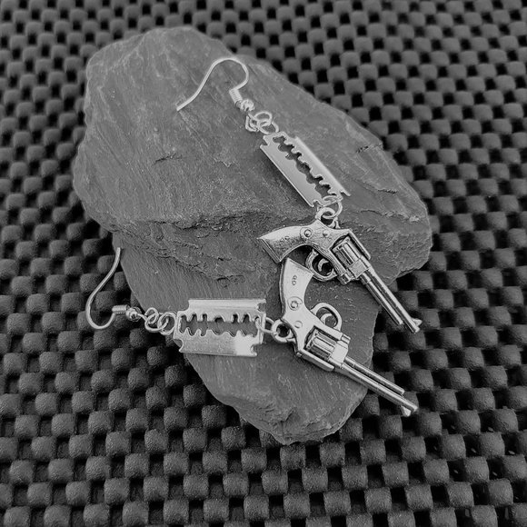 Punk Earrings - Gun & Razor Blade Charms NWOT - Picture 5 of 8